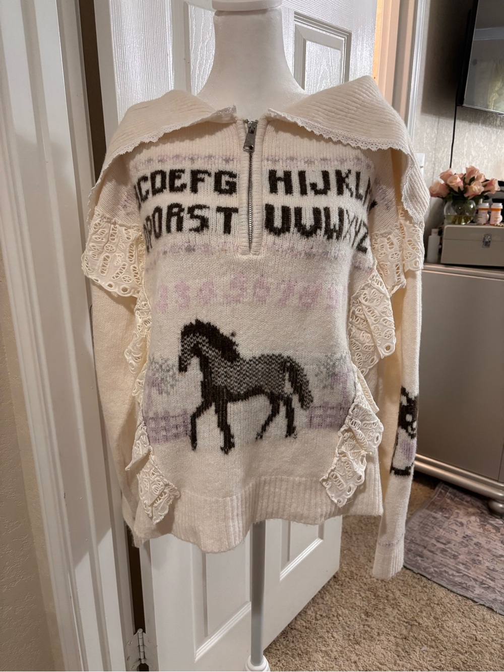 Sold out!!!💕🌷Urban Outfitters Cream Lace-Trim Zip Sweater with Black Horse Motif